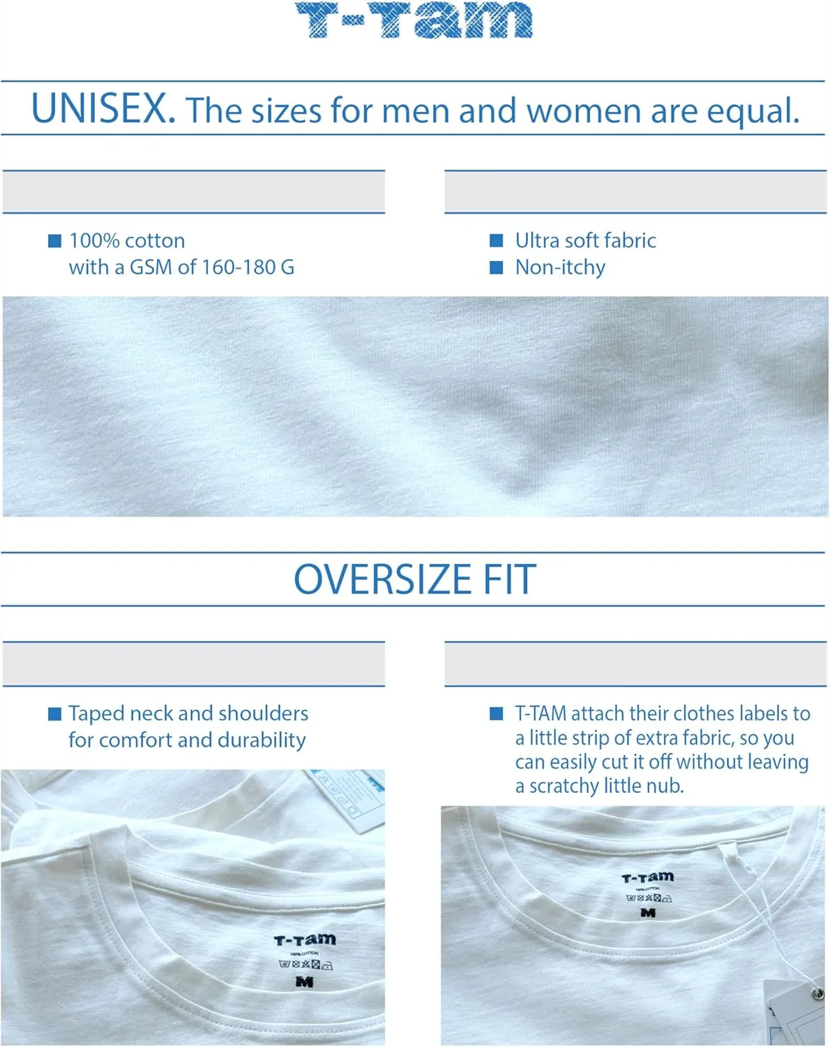 T-TAM Unisex Oversized T-Shirt for Women & Men - 100% Soft Cotton Crew Neck Short Sleeve - Basic Tee Shirt
