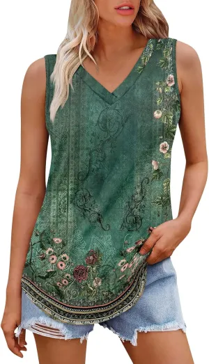Tank Tops for Women 2025 Loose Fit V Neck Dressy Casual Tops Sleeveless Floral Print Shirts Summer Trendy Tank Tops