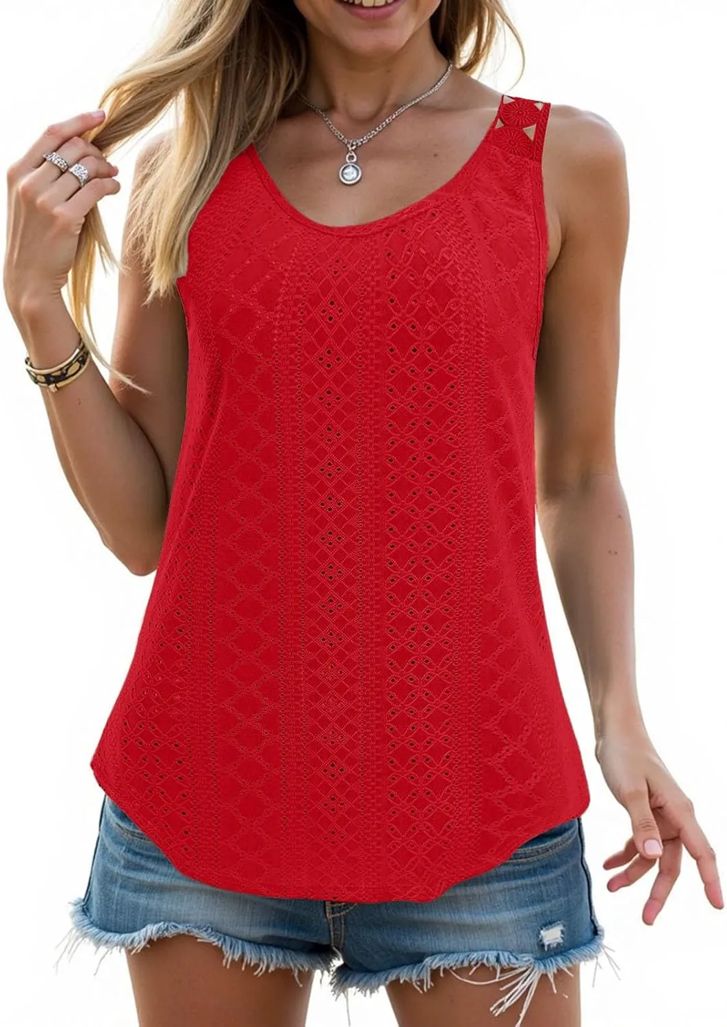 Tank Tops for Women 2025 Summer Eyelet Tank Tops Loose Trendy Scoop Neck Sleeveless Flowy Beach Vacation Shirts for Women