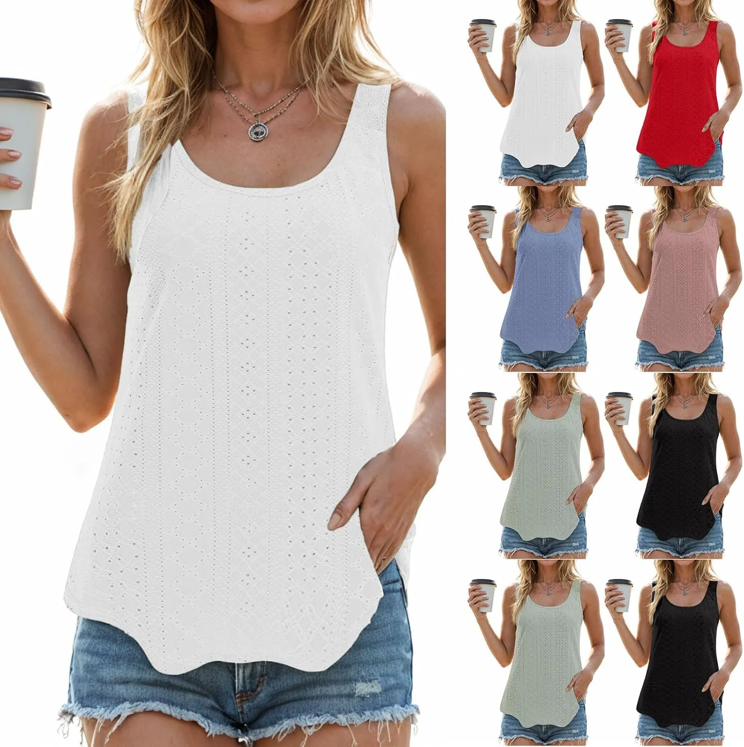 Tank Tops for Women 2025 Summer Eyelet Tank Tops Loose Trendy Scoop Neck Sleeveless Flowy Beach Vacation Shirts for Women