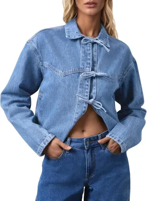 Tankaneo Womens Bow Tie Front Denim Jackets Cropped Oversized Casual Jean Shackets Y2k Lightweight Cute Coats
