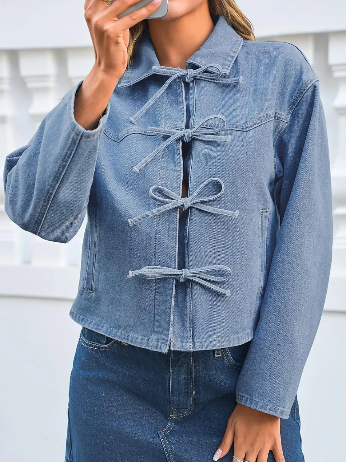 Tankaneo Womens Bow Tie Front Denim Jackets Cropped Oversized Casual Jean Shackets Y2k Lightweight Cute Coats