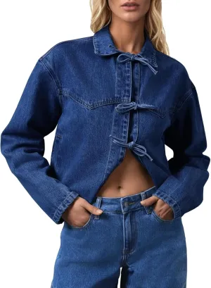 Tankaneo Womens Bow Tie Front Denim Jackets Cropped Oversized Casual Jean Shackets Y2k Lightweight Cute Coats