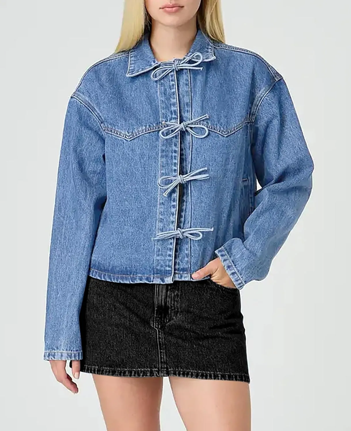 Tankaneo Womens Bow Tie Front Denim Jackets Cropped Oversized Casual Jean Shackets Y2k Lightweight Cute Coats