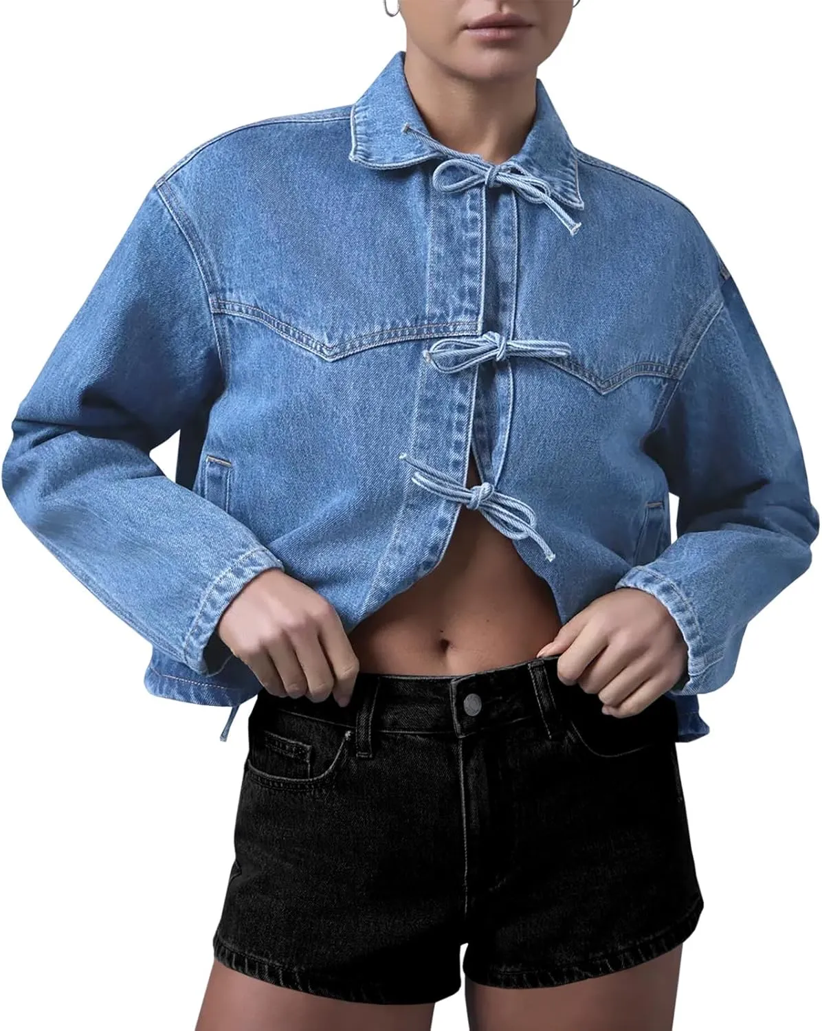 Tankaneo Womens Bow Tie Front Denim Jackets Cropped Oversized Casual Jean Shackets Y2k Lightweight Cute Coats