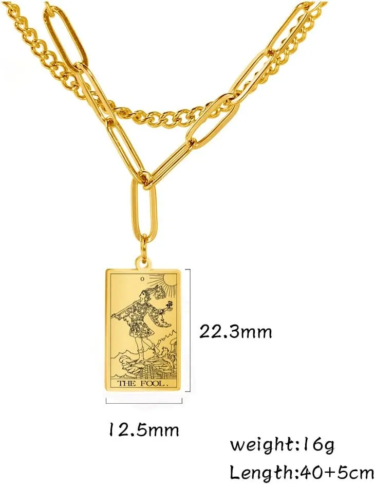 TEAMER Double Layer Necklace Vintage Tarot Jewelry Good Luck Amulet Pendants Stainless Steel Necklace