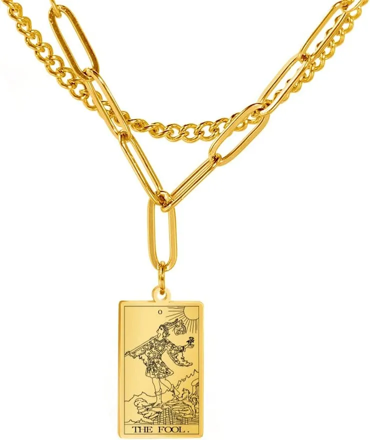 TEAMER Double Layer Necklace Vintage Tarot Jewelry Good Luck Amulet Pendants Stainless Steel Necklace