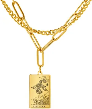 TEAMER Double Layer Necklace Vintage Tarot Jewelry Good Luck Amulet Pendants Stainless Steel Necklace