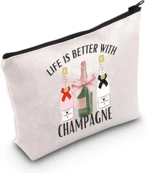 TGBJE Champagne Lover Gifts Life is Better With Champagne Makeup Bag Girls Wine Trip Gift Bachelorette Party Zipper Pouch (Life Champagne bag)