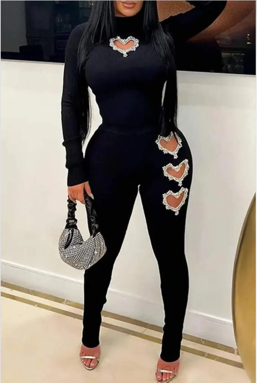The Moment (Black) 2-Piece Long Sleeve Ribbed Top & Leggings Rhinestone Heart Detail Cutout Matching Set