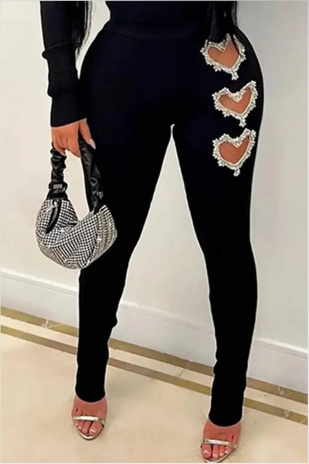 The Moment (Black) 2-Piece Long Sleeve Ribbed Top & Leggings Rhinestone Heart Detail Cutout Matching Set
