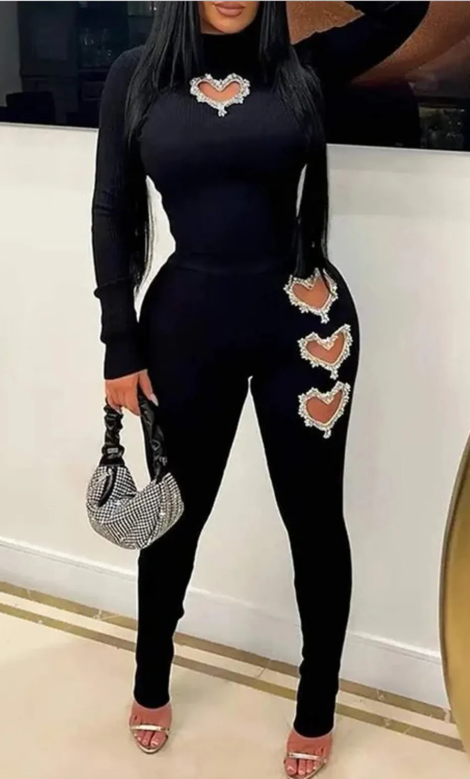 The Moment (Black) 2-Piece Long Sleeve Ribbed Top & Leggings Rhinestone Heart Detail Cutout Matching Set