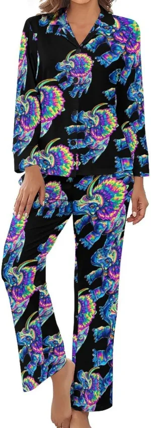 Tie Dye Triceratops Womens Pajama Sets Button Down Sleepwear 2 Piece PJ Sets Loungewear Sets Night Suit with Pocket
