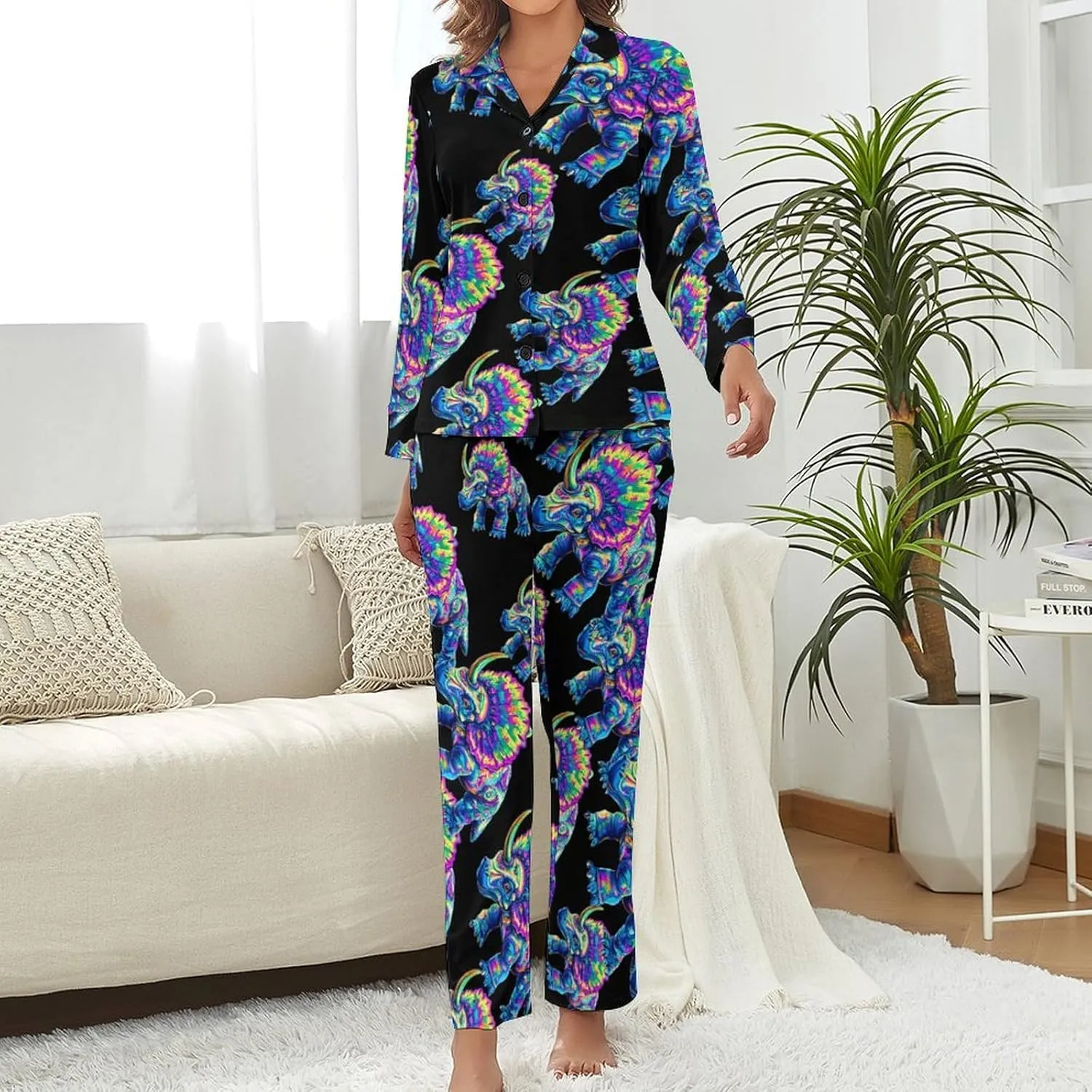 Tie Dye Triceratops Womens Pajama Sets Button Down Sleepwear 2 Piece PJ Sets Loungewear Sets Night Suit with Pocket