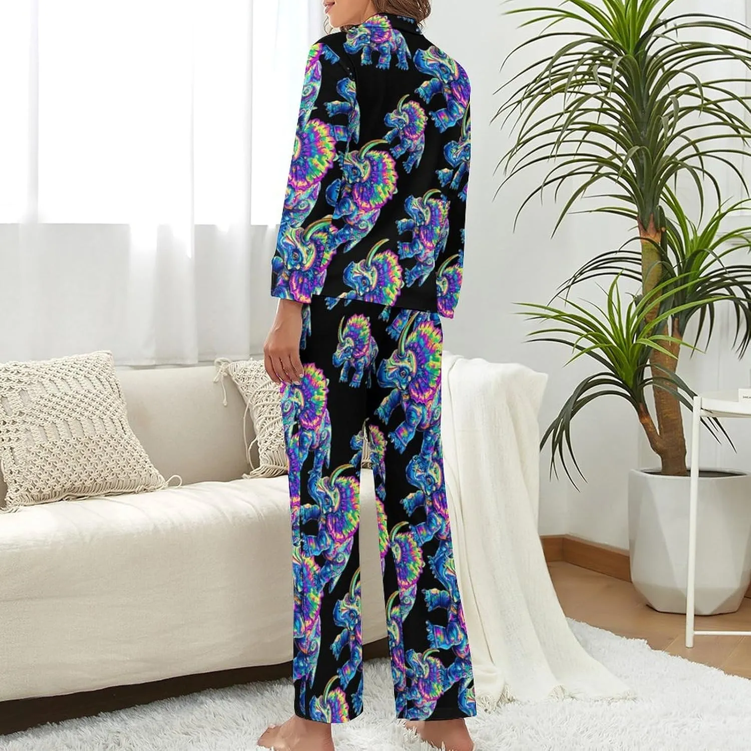Tie Dye Triceratops Womens Pajama Sets Button Down Sleepwear 2 Piece PJ Sets Loungewear Sets Night Suit with Pocket