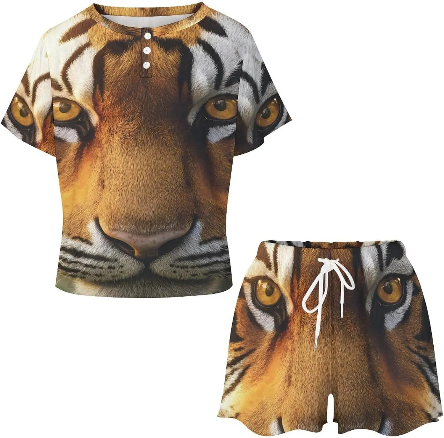 Tiger Face Pajamas for Women Set Short Sleeve Top And Shorts Lounge Sleepwear Loungewear 2Pcs Pj Sets