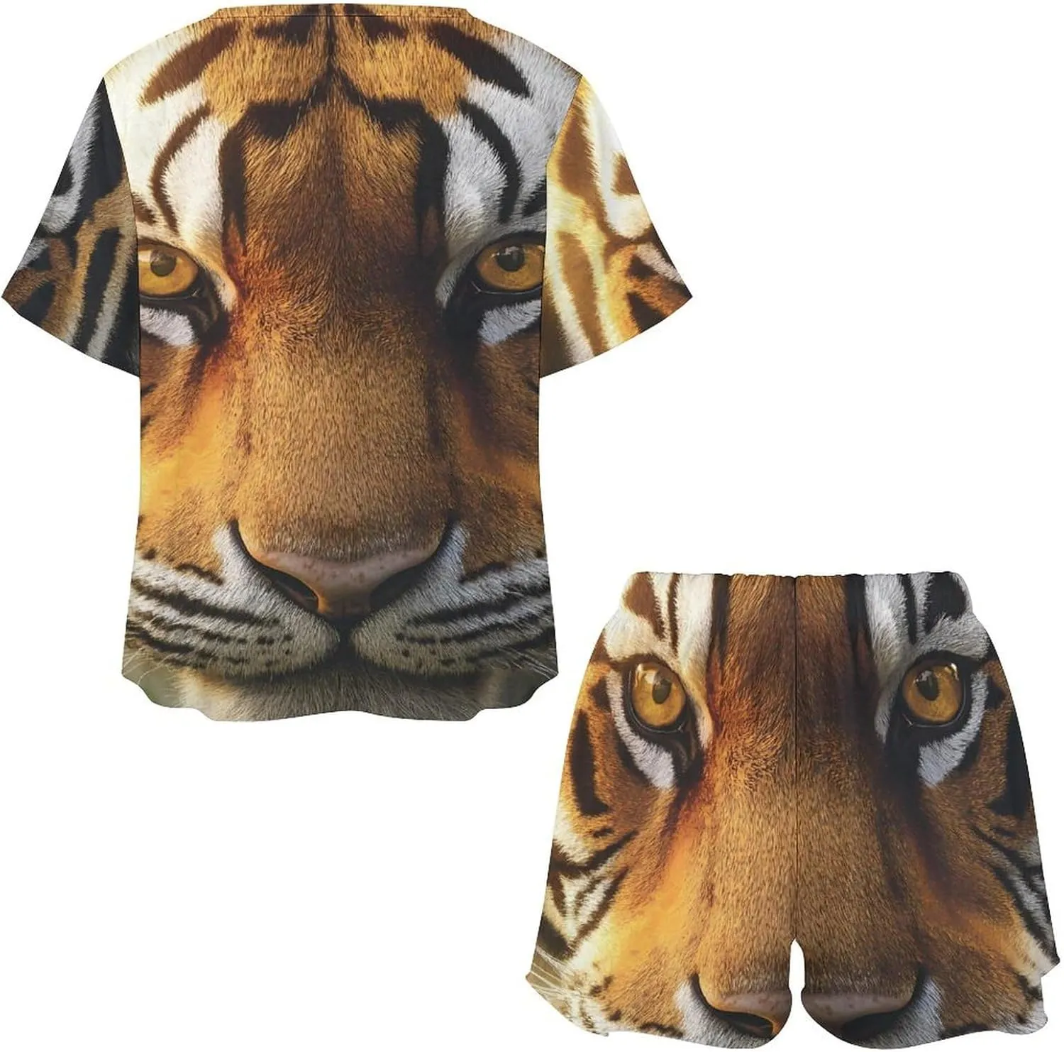 Tiger Face Pajamas for Women Set Short Sleeve Top And Shorts Lounge Sleepwear Loungewear 2Pcs Pj Sets