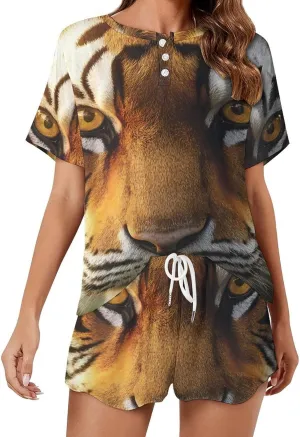Tiger Face Pajamas for Women Set Short Sleeve Top And Shorts Lounge Sleepwear Loungewear 2Pcs Pj Sets