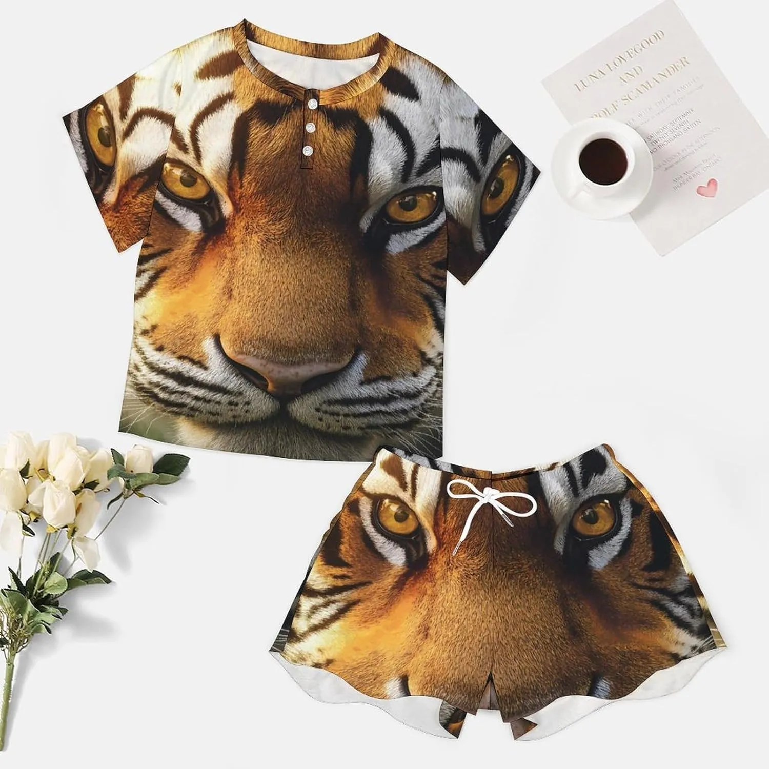 Tiger Face Pajamas for Women Set Short Sleeve Top And Shorts Lounge Sleepwear Loungewear 2Pcs Pj Sets