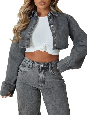 TodTan Women's Cropped Jean Denim Jackets - Distressed Frayed Hem Button Down Long Sleeve Casual Jacket Coat