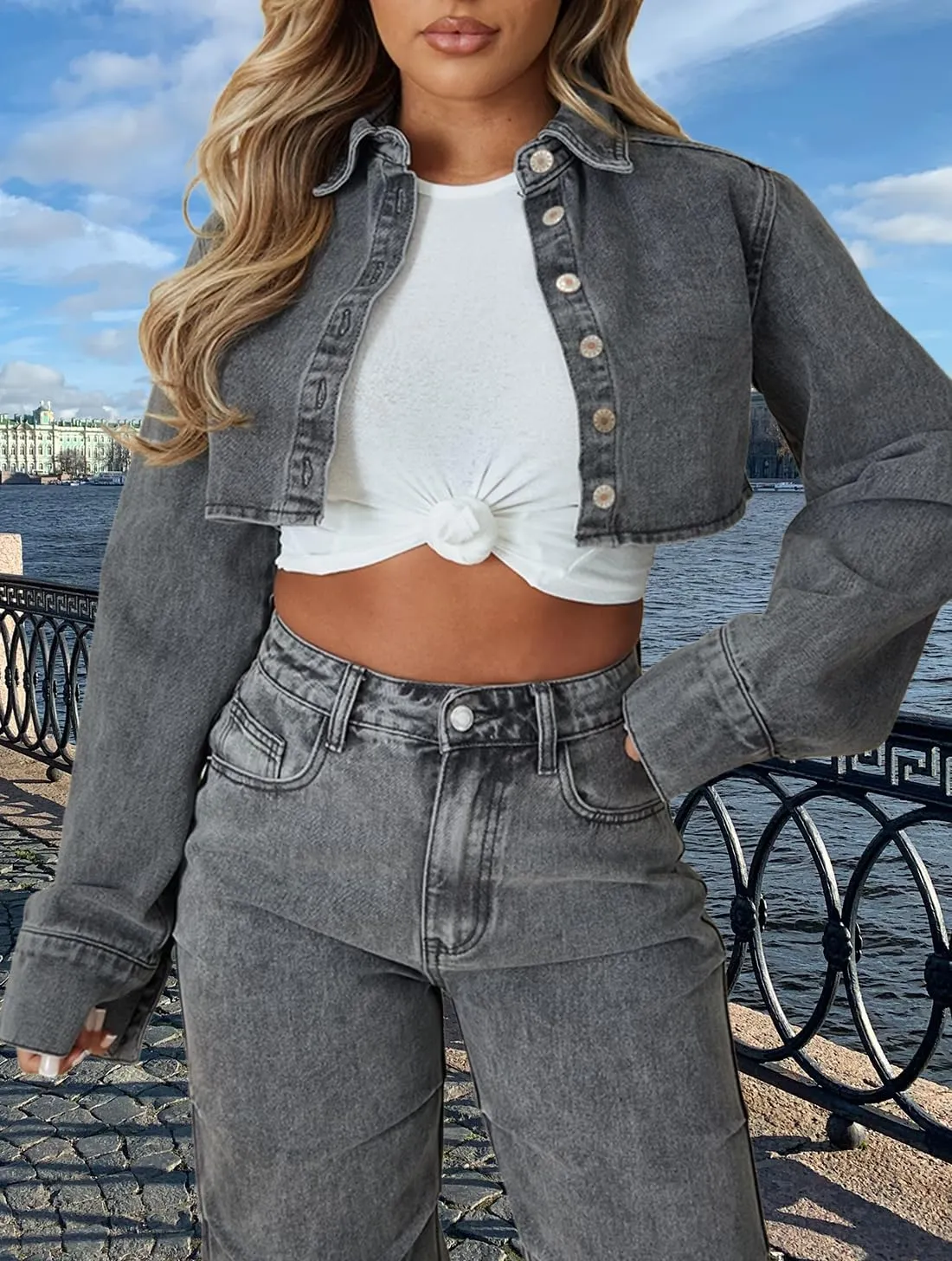 TodTan Women's Cropped Jean Denim Jackets - Distressed Frayed Hem Button Down Long Sleeve Casual Jacket Coat