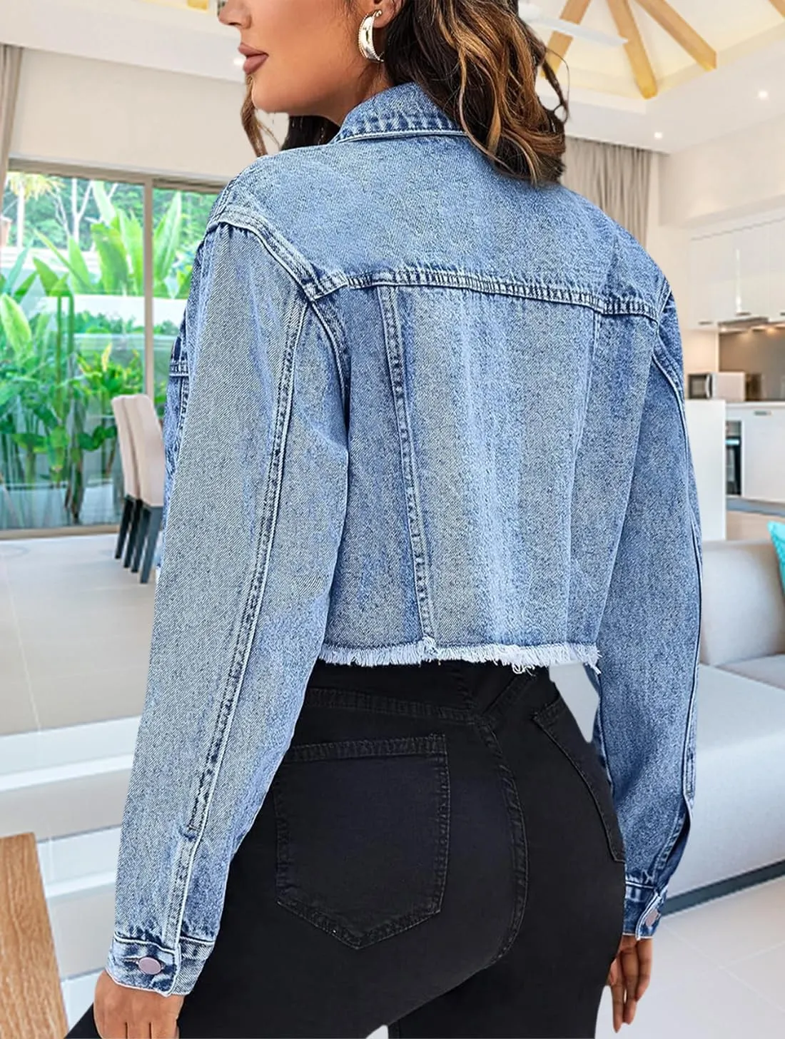 TodTan Women's Cropped Jean Denim Jackets - Distressed Frayed Hem Button Down Long Sleeve Casual Jacket Coat