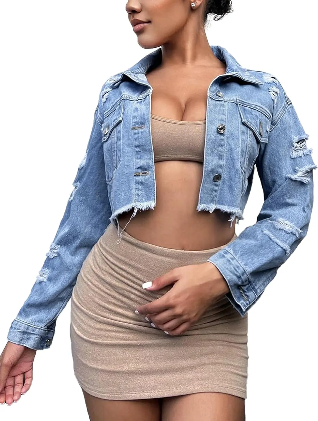 TodTan Women's Cropped Jean Denim Jackets - Distressed Frayed Hem Button Down Long Sleeve Casual Jacket Coat