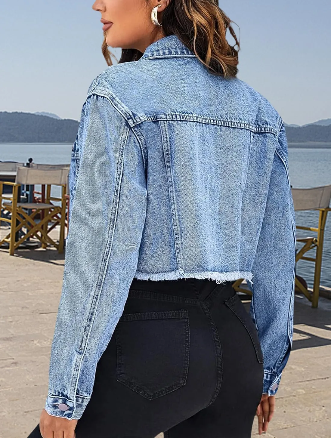 TodTan Women's Cropped Jean Denim Jackets - Distressed Frayed Hem Button Down Long Sleeve Casual Jacket Coat