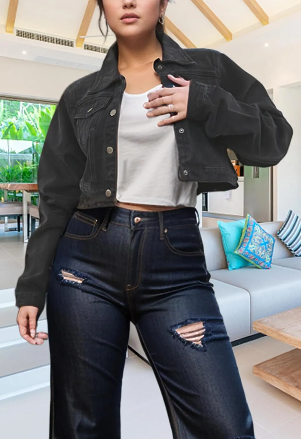 TodTan Women's Cropped Jean Denim Jackets - Distressed Frayed Hem Button Down Long Sleeve Casual Jacket Coat