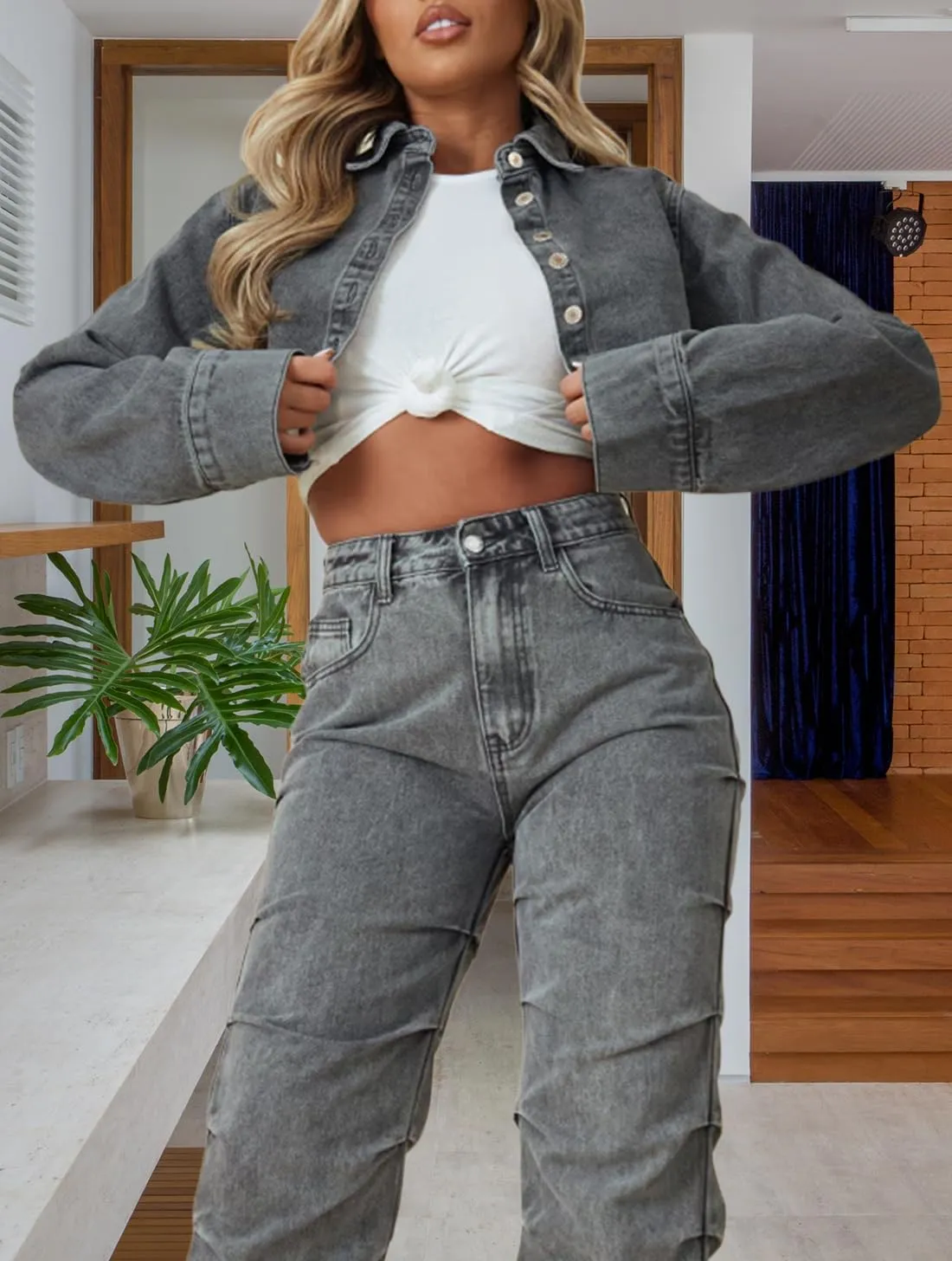 TodTan Women's Cropped Jean Denim Jackets - Distressed Frayed Hem Button Down Long Sleeve Casual Jacket Coat