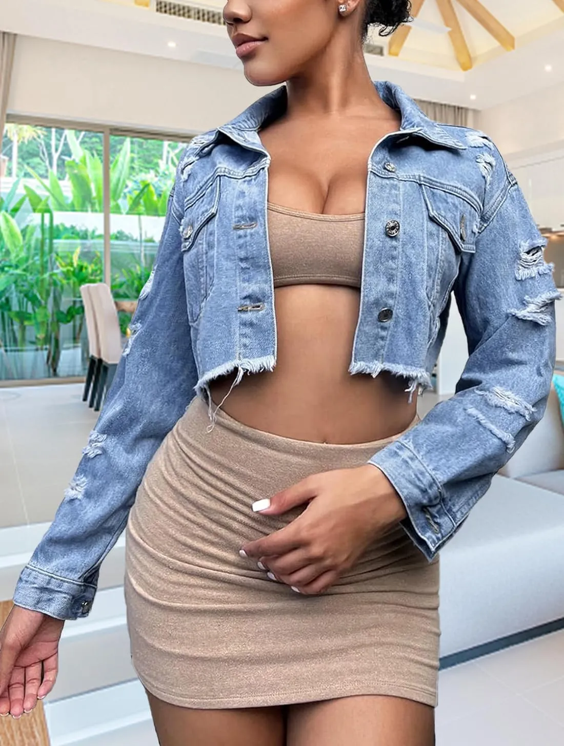 TodTan Women's Cropped Jean Denim Jackets - Distressed Frayed Hem Button Down Long Sleeve Casual Jacket Coat