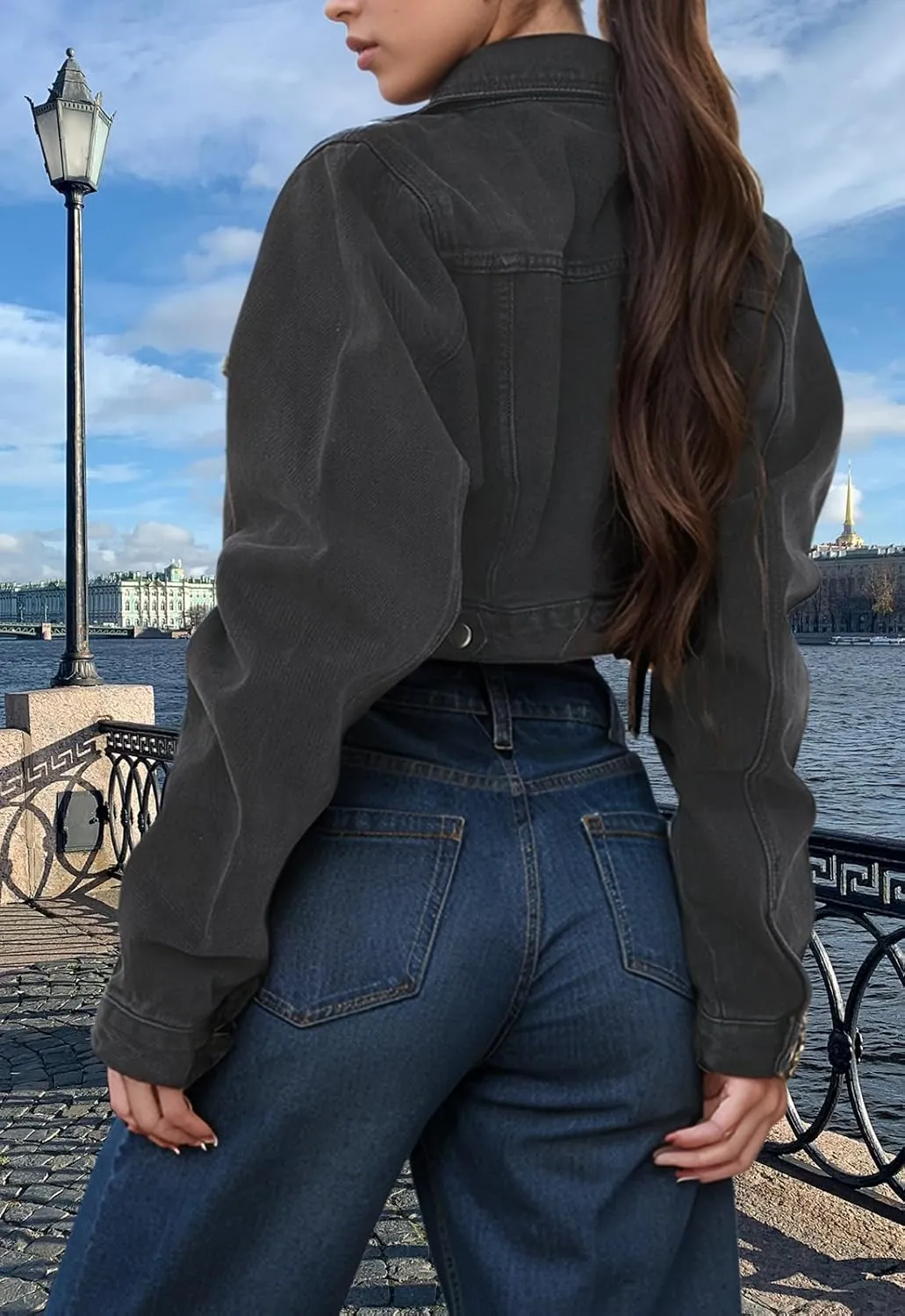 TodTan Women's Cropped Jean Denim Jackets - Distressed Frayed Hem Button Down Long Sleeve Casual Jacket Coat