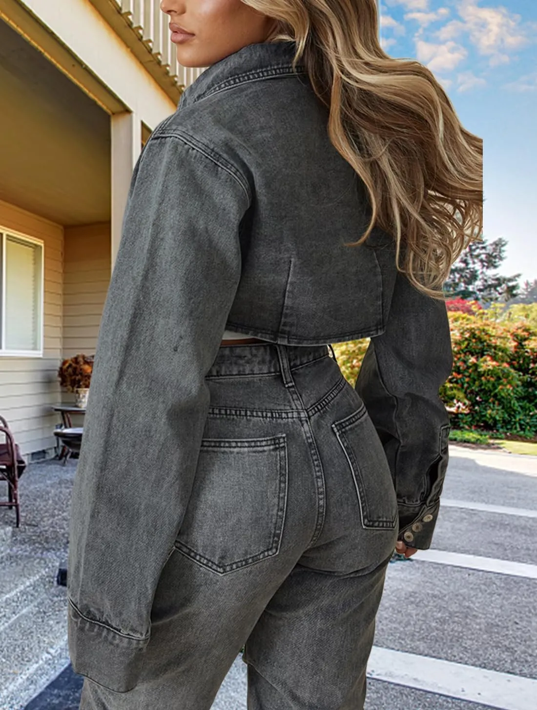 TodTan Women's Cropped Jean Denim Jackets - Distressed Frayed Hem Button Down Long Sleeve Casual Jacket Coat