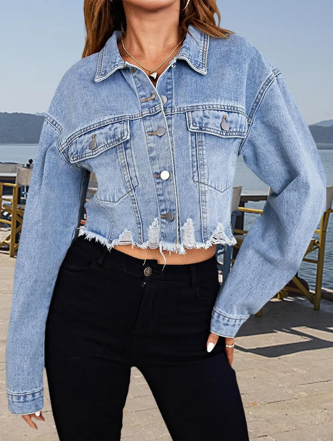 TodTan Women's Cropped Jean Denim Jackets - Distressed Frayed Hem Button Down Long Sleeve Casual Jacket Coat