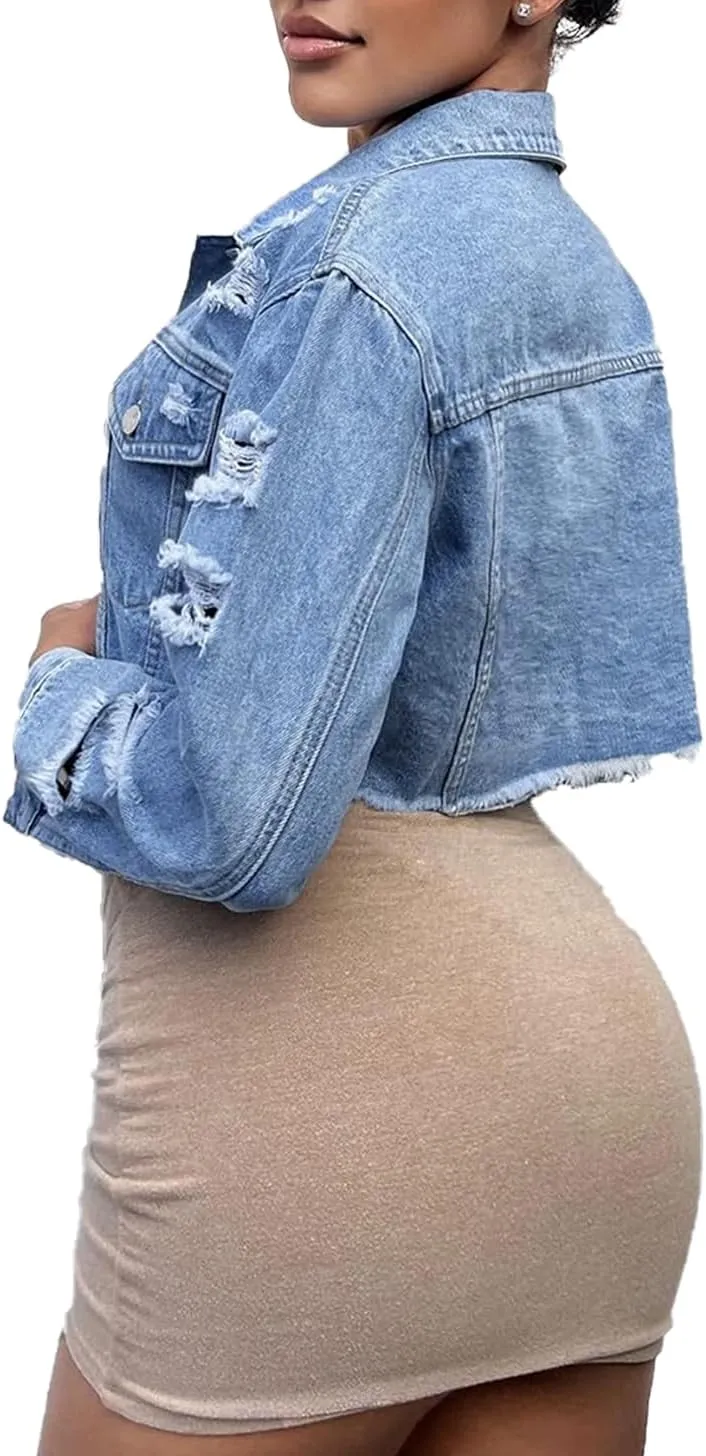 TodTan Women's Cropped Jean Denim Jackets - Distressed Frayed Hem Button Down Long Sleeve Casual Jacket Coat