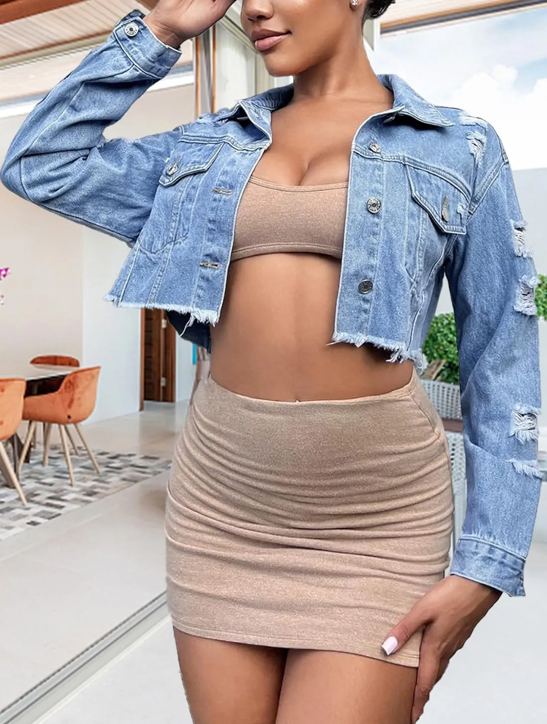 TodTan Women's Cropped Jean Denim Jackets - Distressed Frayed Hem Button Down Long Sleeve Casual Jacket Coat
