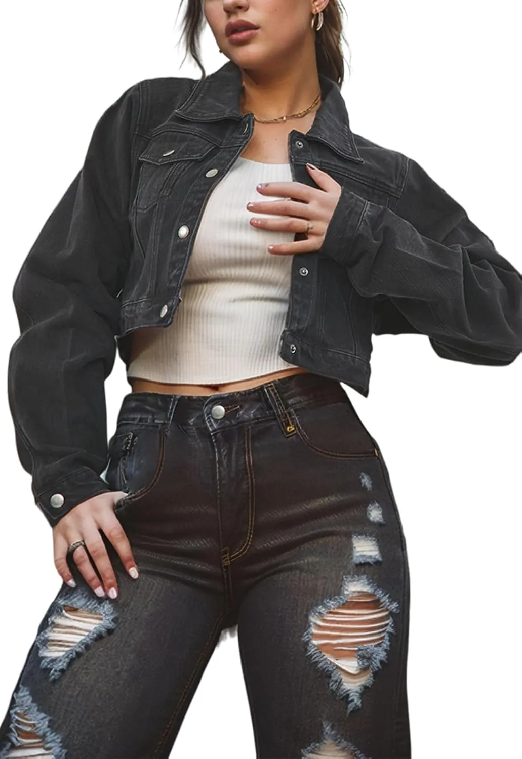 TodTan Women's Cropped Jean Denim Jackets - Distressed Frayed Hem Button Down Long Sleeve Casual Jacket Coat