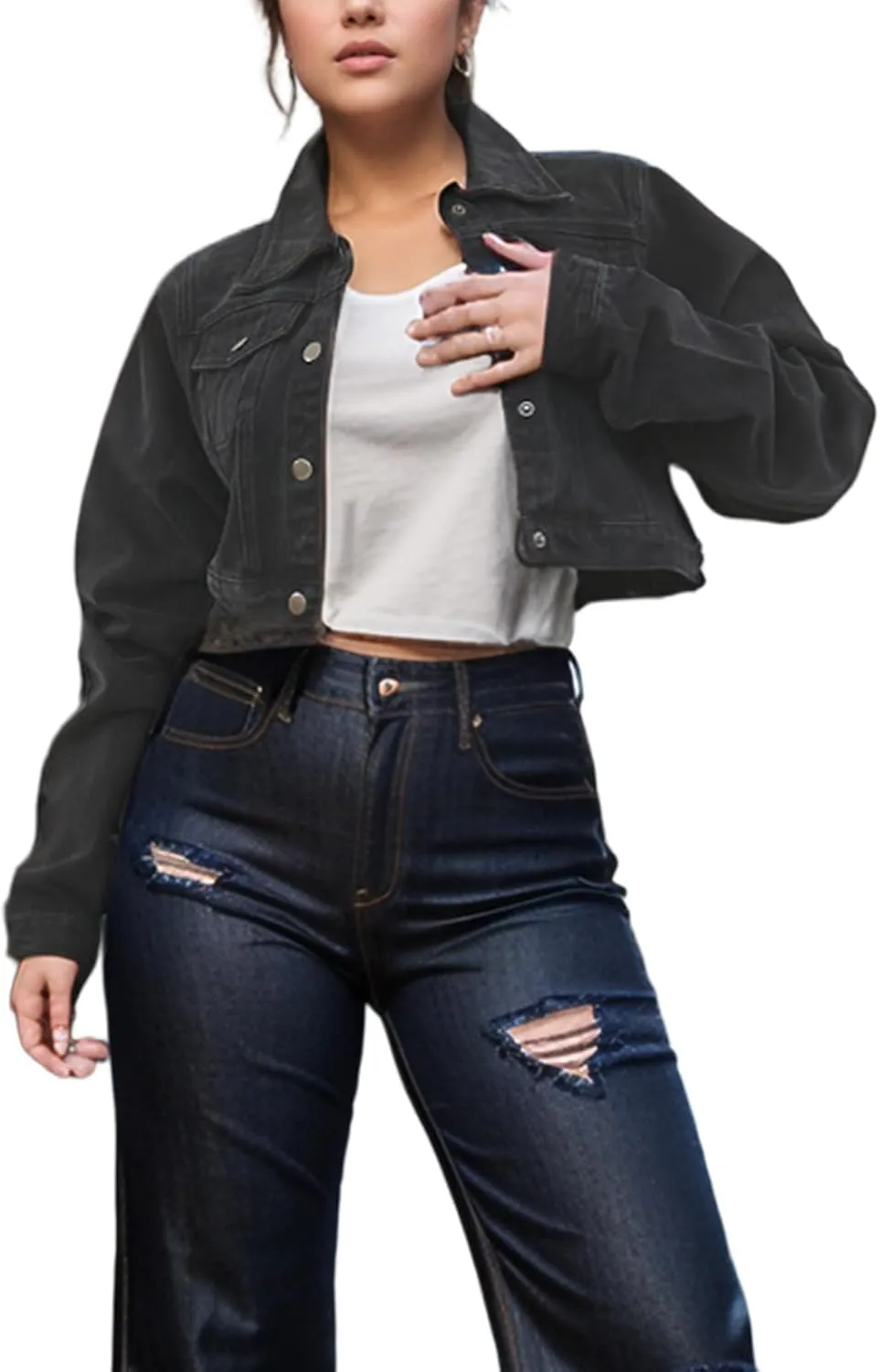 TodTan Women's Cropped Jean Denim Jackets - Distressed Frayed Hem Button Down Long Sleeve Casual Jacket Coat