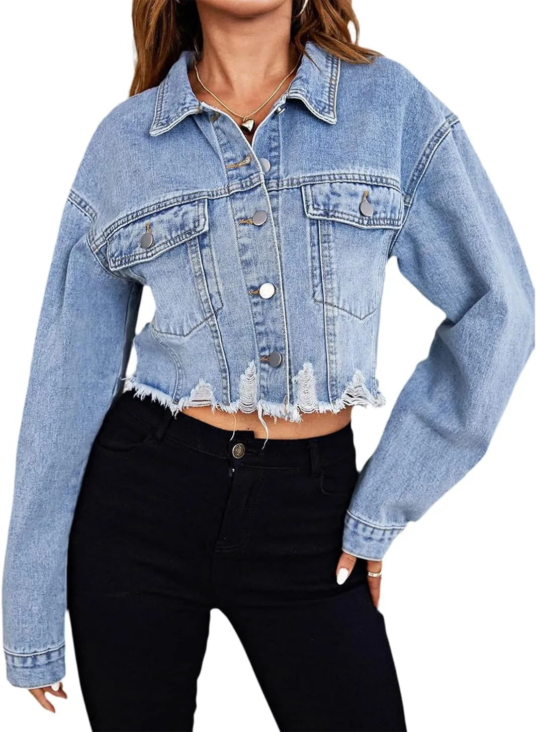 TodTan Women's Cropped Jean Denim Jackets - Distressed Frayed Hem Button Down Long Sleeve Casual Jacket Coat