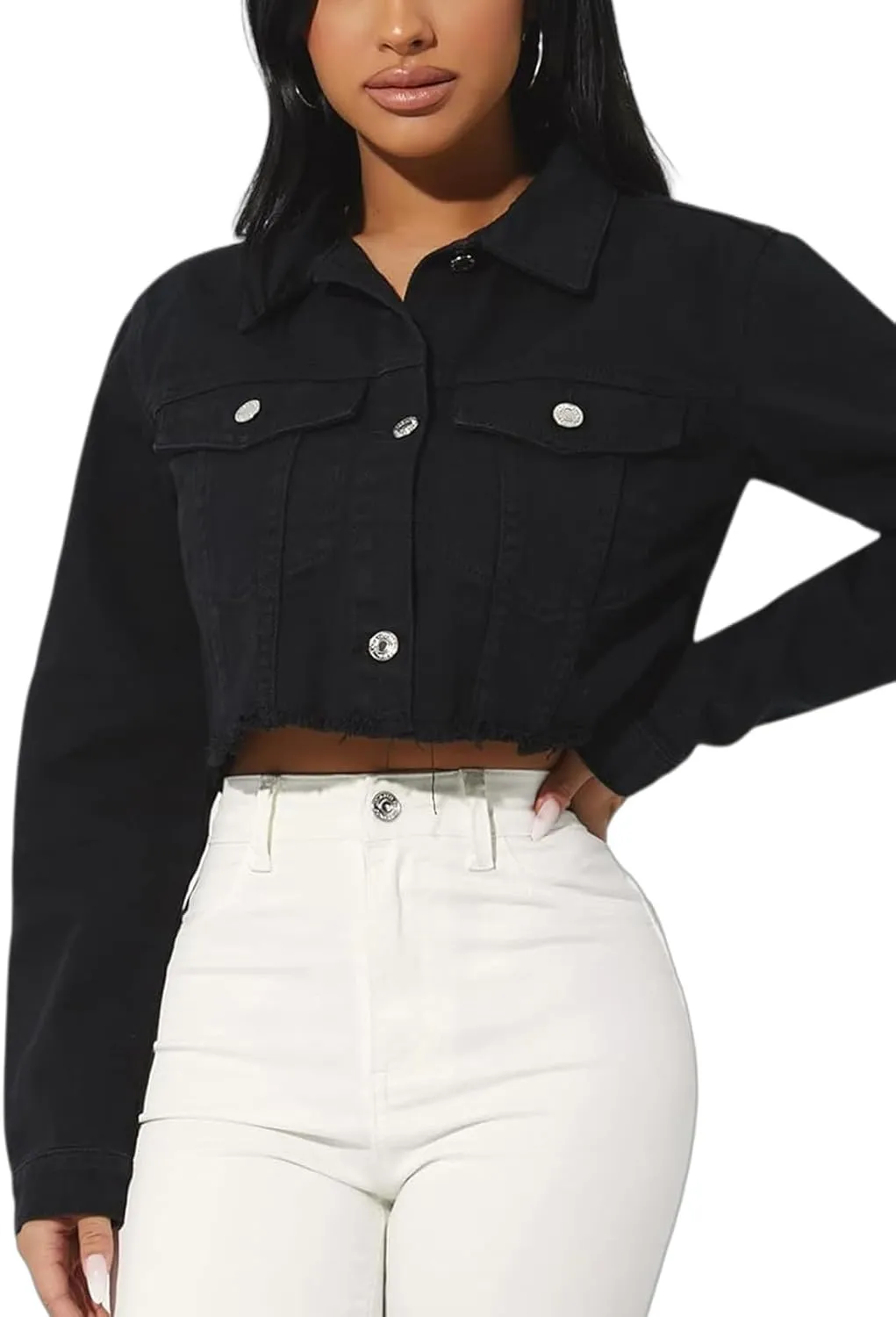 TodTan Women's Cropped Jean Denim Jackets - Distressed Frayed Hem Button Down Long Sleeve Casual Jacket Coat