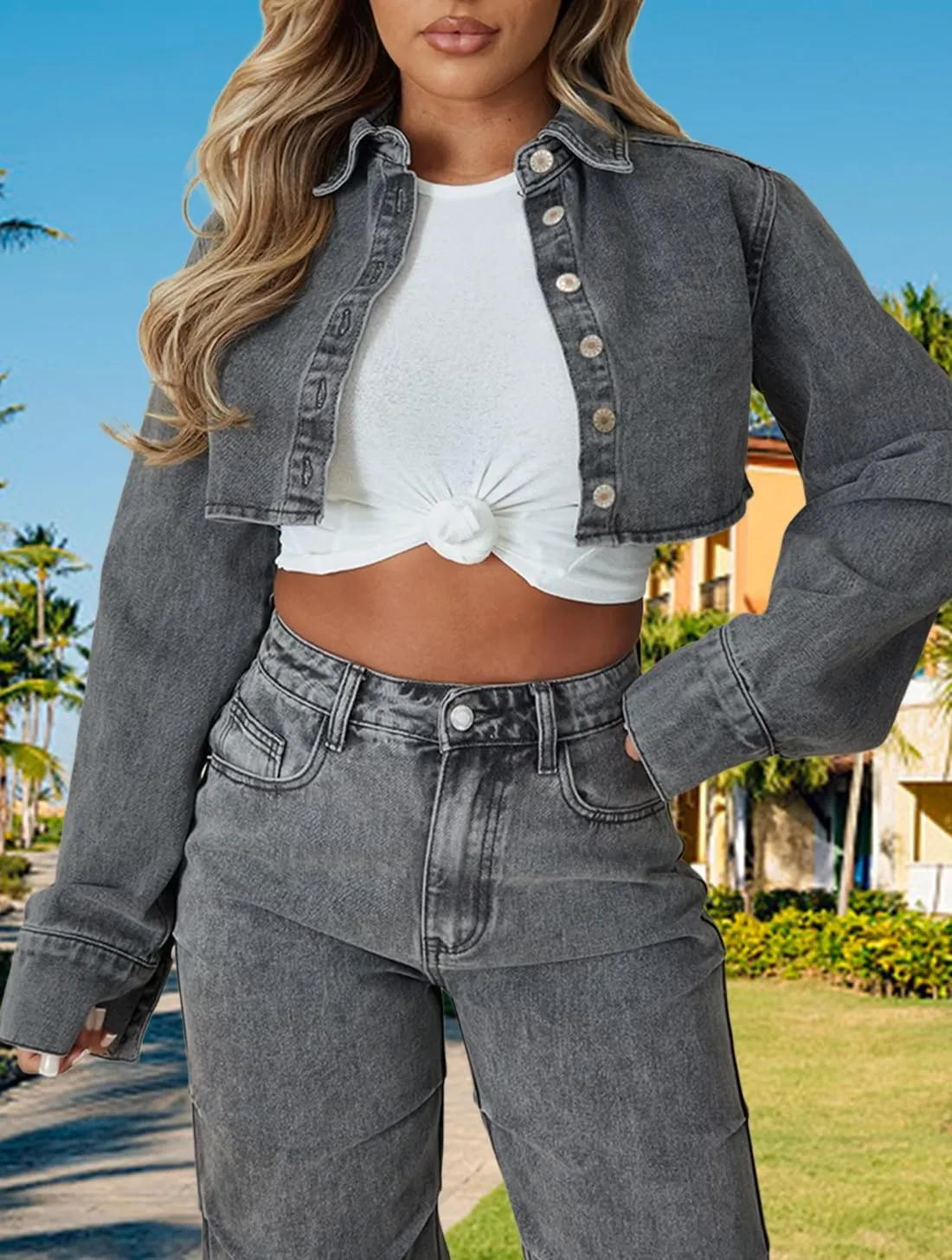 TodTan Women's Cropped Jean Denim Jackets - Distressed Frayed Hem Button Down Long Sleeve Casual Jacket Coat