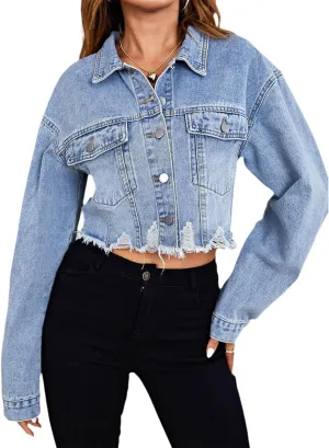 TodTan Women's Cropped Jean Denim Jackets - Distressed Frayed Hem Button Down Long Sleeve Casual Jacket Coat