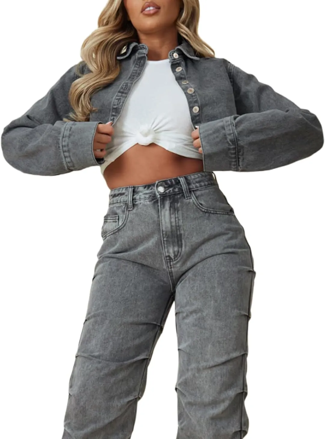 TodTan Women's Cropped Jean Denim Jackets - Distressed Frayed Hem Button Down Long Sleeve Casual Jacket Coat
