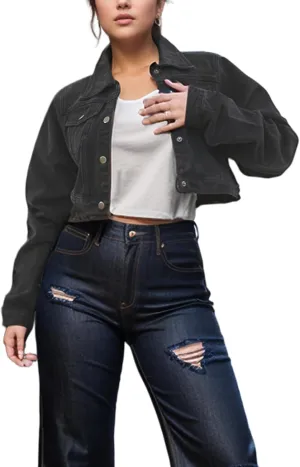 TodTan Women's Cropped Jean Denim Jackets - Distressed Frayed Hem Button Down Long Sleeve Casual Jacket Coat