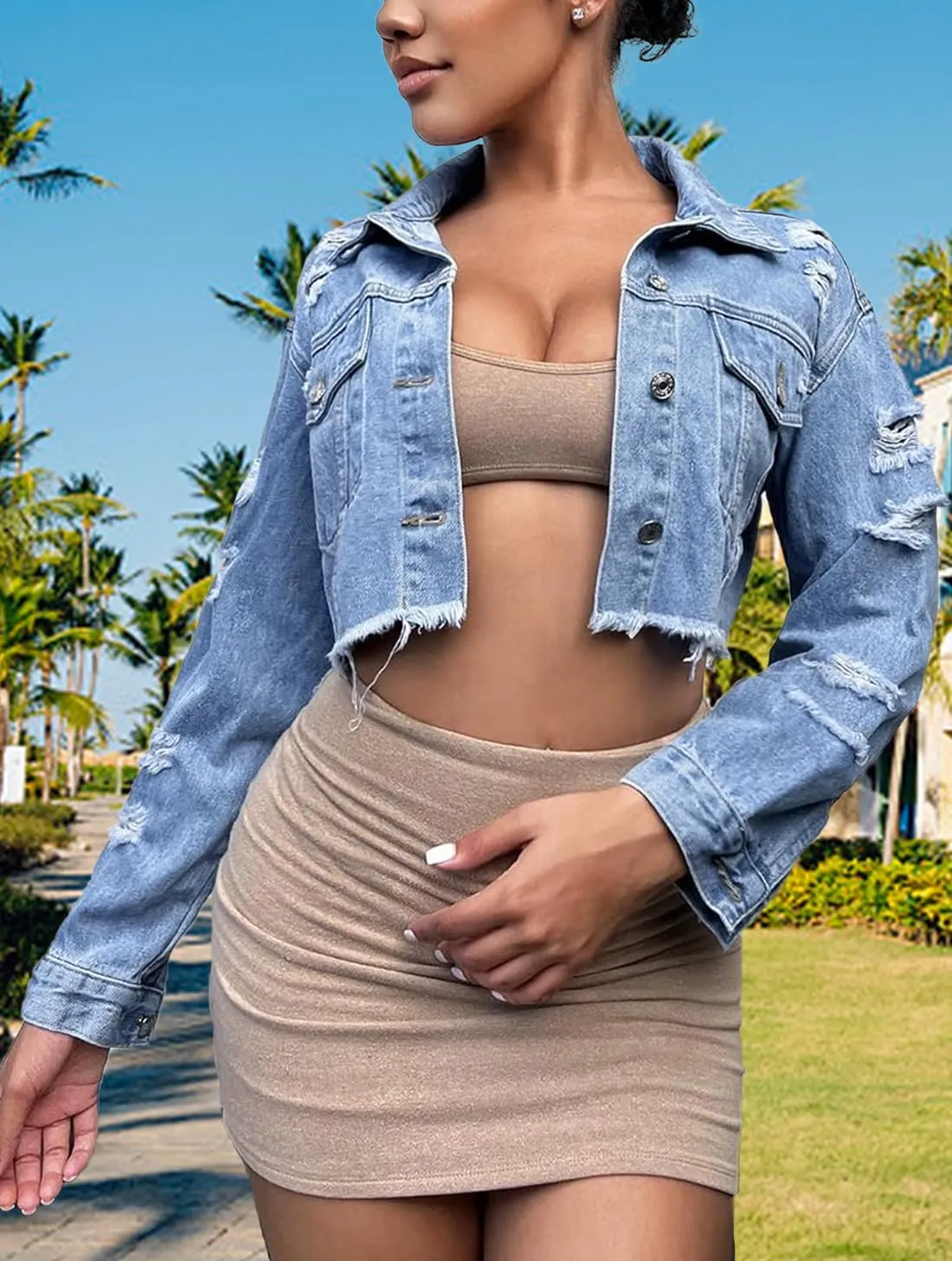 TodTan Women's Cropped Jean Denim Jackets - Distressed Frayed Hem Button Down Long Sleeve Casual Jacket Coat