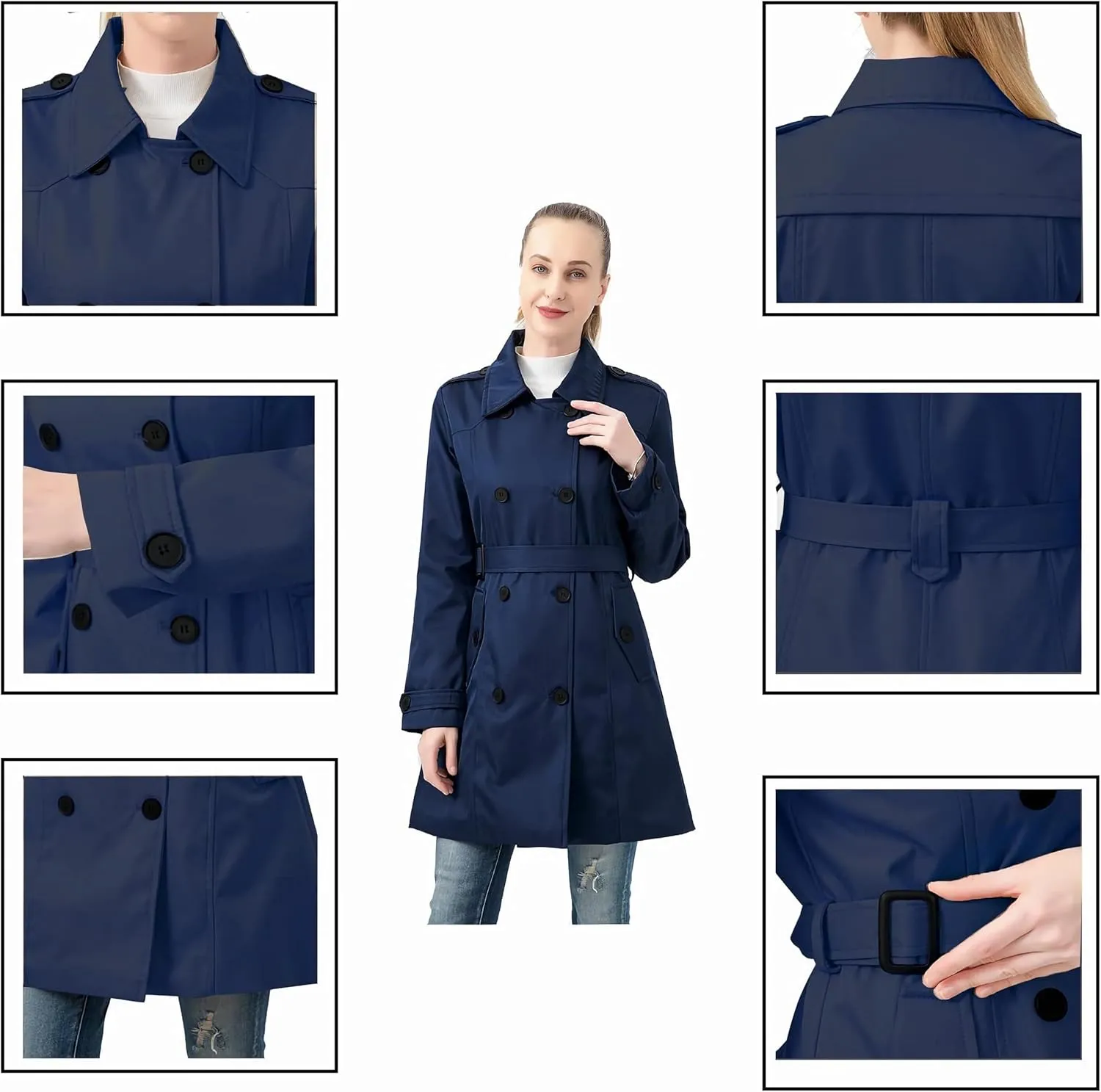 TRATENBY Women's Trench Coat Long Double Breasted Peacoat for Outerwear Trench Knee Length