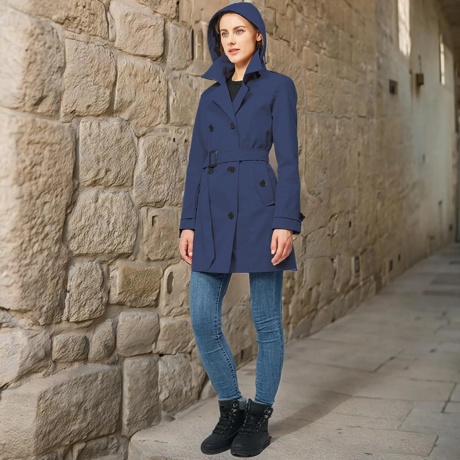 TRATENBY Women's Trench Coat Long Double Breasted Peacoat for Outerwear Trench Knee Length