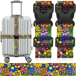 Travel Belt for Luggage Straps, Personality Pattern Luggage Straps for Suitcases with Quick Release Buckle, Adjustable Nylon Strap Cross Suitcase Belt, 1.96 in W x 6.5 ft L, 2 Pack - Cartoon Flower