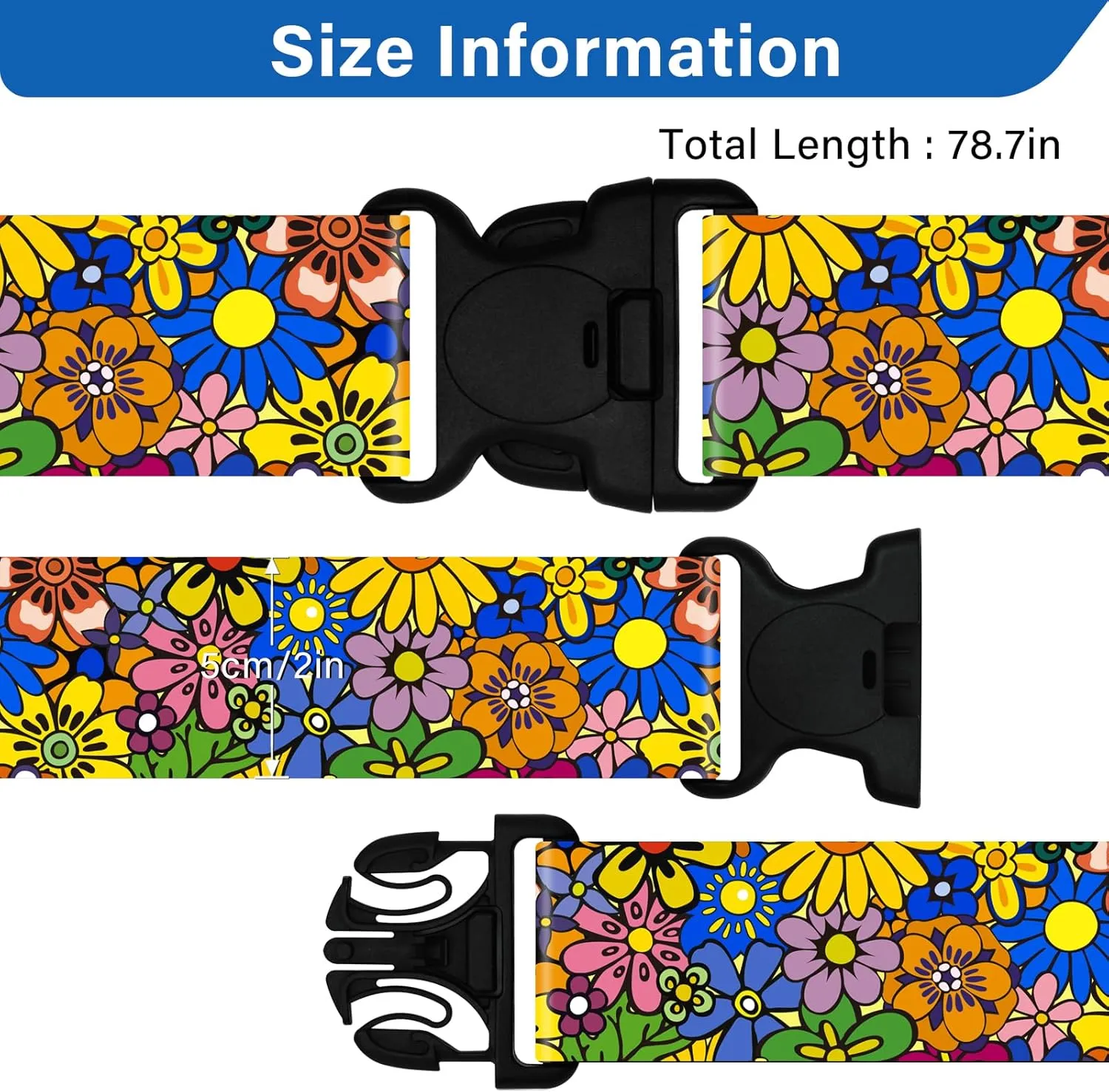 Travel Belt for Luggage Straps, Personality Pattern Luggage Straps for Suitcases with Quick Release Buckle, Adjustable Nylon Strap Cross Suitcase Belt, 1.96 in W x 6.5 ft L, 2 Pack - Cartoon Flower