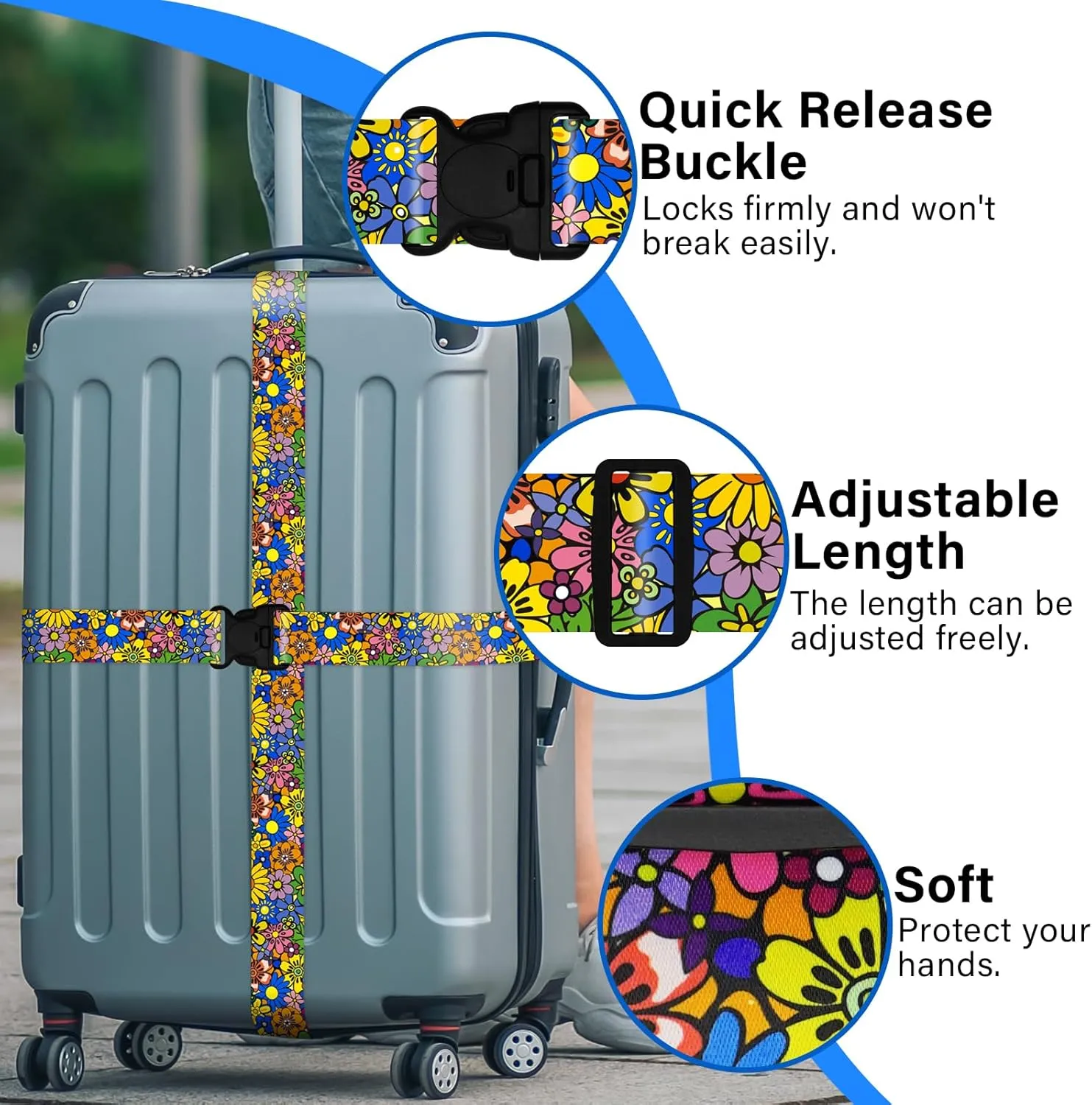 Travel Belt for Luggage Straps, Personality Pattern Luggage Straps for Suitcases with Quick Release Buckle, Adjustable Nylon Strap Cross Suitcase Belt, 1.96 in W x 6.5 ft L, 2 Pack - Cartoon Flower